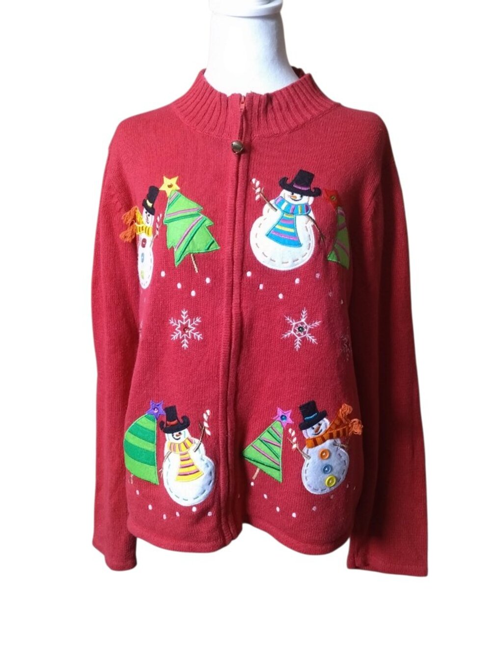Tiara International Christmas Cardigan Women's Large Zip Up Snowman Holiday